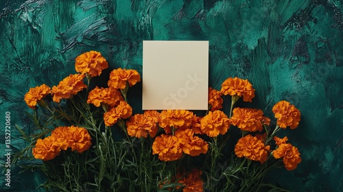 A charming bouquet of orange marigolds and a blank note paper on a rich emerald green background, perfect for sending warm congratulations.