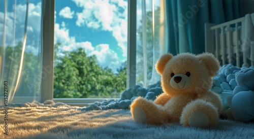 Soft Teddy Bear Sits on Plush Carpet in Brightly Lit Nursery With Large Windows