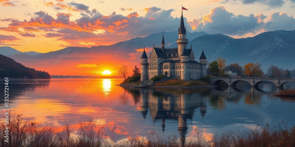 Obraz premium Sunset view of a realistic castle on a lake, gouache painting, purple, tranquil