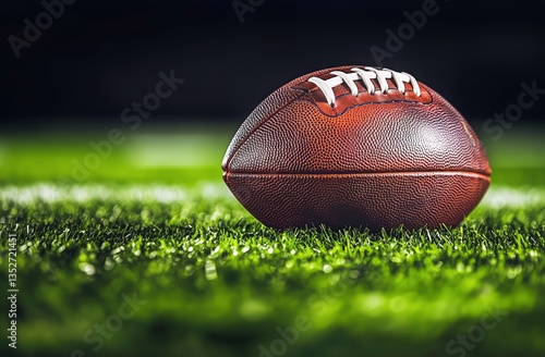 Football Resting on Artificial Turf in a Sports Stadium at Night