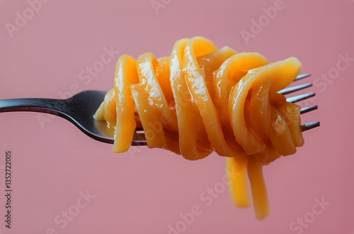 Perfectly Twirled Pasta on Fork Against Soft Pink Background Showcases Culina...