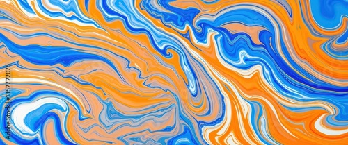 Swirling blue, orange, and white abstract paint, vibrant and energetic, texture, space