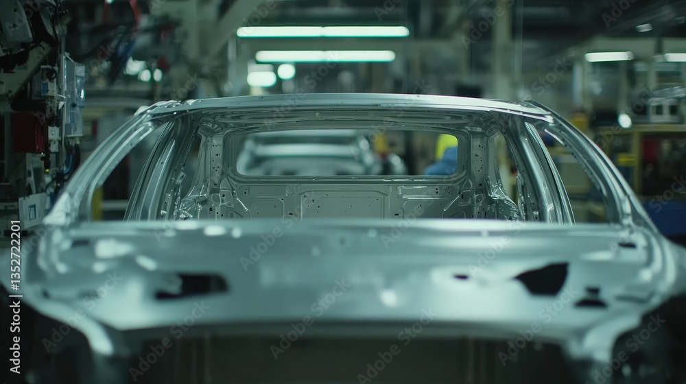 Automakers focus on production with multiple car frames lined up in a modern assembly facility during the daytime Automakers focus on production with multiple car frames lined up in a modern assembly facility during the daytime