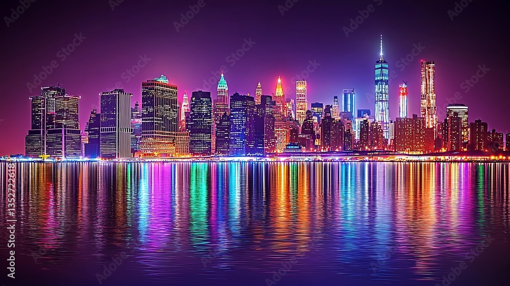 Obraz premium Vibrant City Skyline at Night with Water Reflection