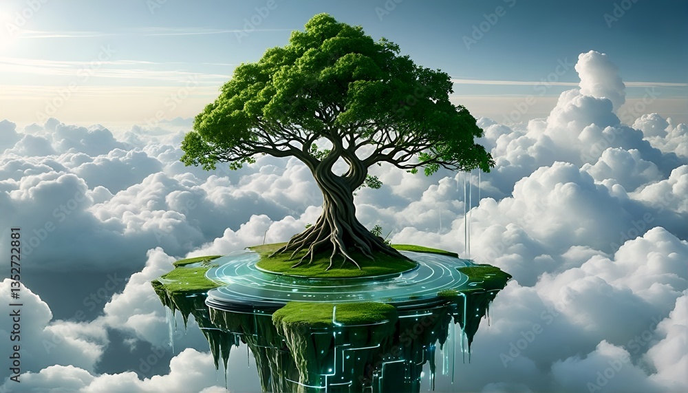 Fototapeta premium A surreal landscape featuring a tree growing out of a floating island above a sea of clouds.