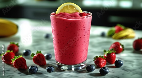 Refreshing Berry Smoothie With Lemon Garnish on Kitchen Countertop