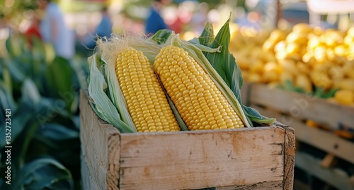 Fresh Corn Displayed at a Lively Farmers Market in the Summer Afternoon