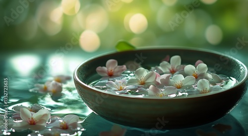 Tranquil Bowl of Floating Flowers in Serene Water Setting Creates Peaceful At...