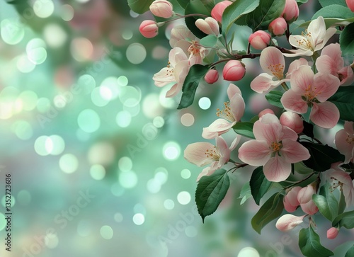 Blossoming Flowers Frame a Serene Green Background in Springtime Nature Lands...