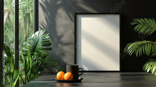 Bright Indoor Setting With Empty Frame and Fruits on a Table in a Lush Green ...