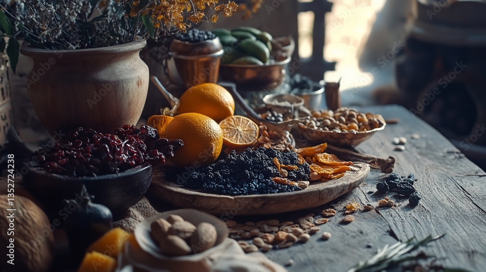 Rustic Still Life: A Bounty of Fruits, Nuts, and Grains on a Wooden Table Rustic Still Life: A Bounty of Fruits, Nuts, and Grains on a Wooden Table