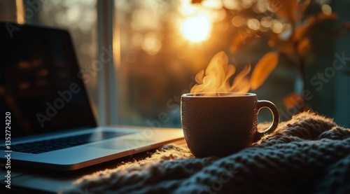Cozy Morning With Steaming Coffee and Laptop by the Window at Sunrise