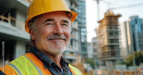 Construction Worker Smiling at a Building Site During Late Afternoon Hours in...