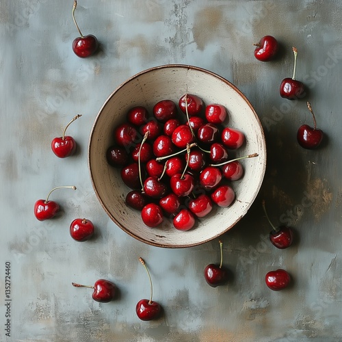Fresh Cherries Displayed in a Rustic Bowl With Scattered Fruits Around on a T...