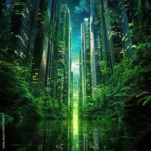 A futuristic city thriving amongst the lush greenery and serene waters