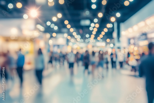 Blur, defocused background of public exhibition hall. Business tradeshow, job fair, or stock market. 
