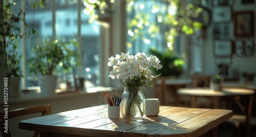 Bright and Airy Cafe Interior With Flowers and Art Supplies on Wooden Table