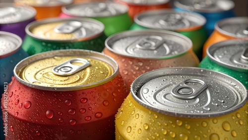 Close-up of assorted soft drink cans in vibrant metallic colors