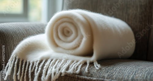 Soft Rolled Blankets Arranged Neatly on a Cozy Armchair by a Bright Window in...