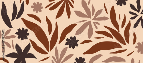 Background of Mocha mousse color of the year 2025 with cute botanical shapes. Abstract brown leafy wallpaper. Backdrop. Warm leaves texture close up. Mocha Mousse tan texture tropical leaves	