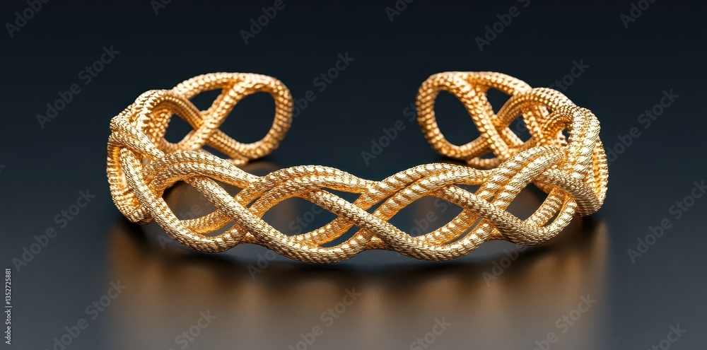 A golden braided cuff bracelet resting on a dark reflective surface A golden braided cuff bracelet resting on a dark reflective surface