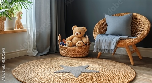 Cozy Corner With a Rattan Chair and Plush Toys in a Childs Room