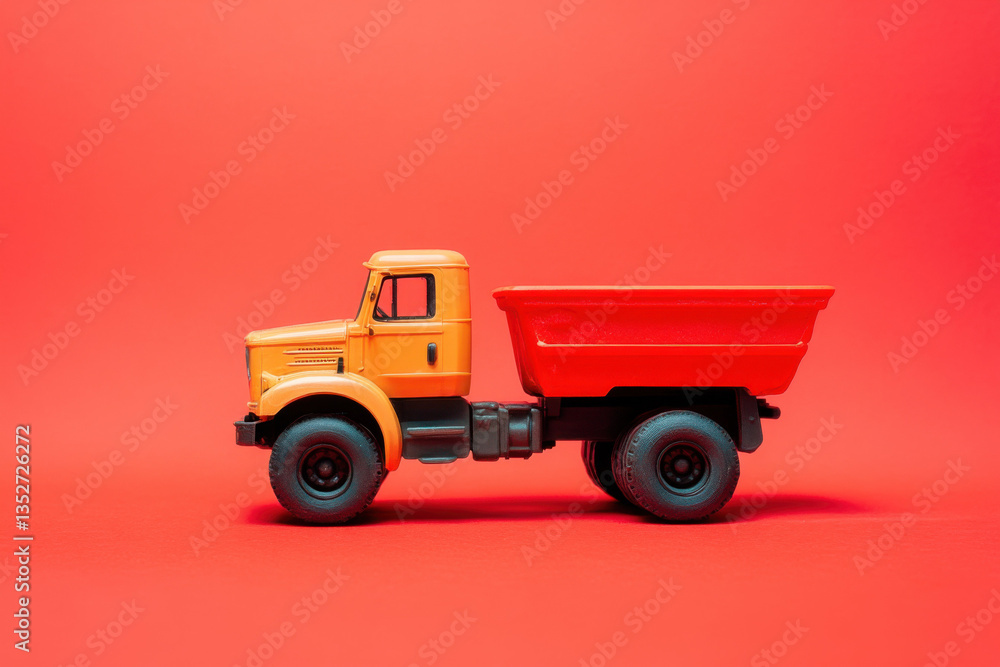Orange and red toy truck on red background representing logistics and transportation Orange and red toy truck on red background representing logistics and transportation