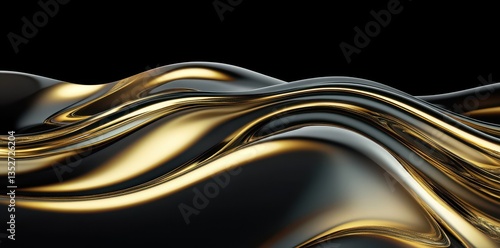 Abstract gold and black fluid waves appear gracefully moving across space
