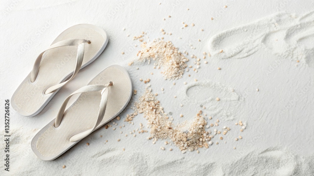 Obraz premium White flip-flops resting on textured white beach sand with small pebbles and footprints, symbolizing tropical relaxation, summer vacation and casual coastal lifestyle