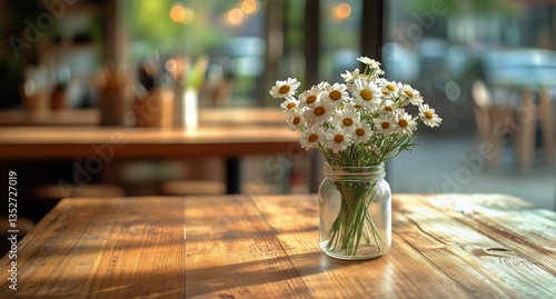 Bright and Airy Cafe Interior With Flowers and Art Supplies on Wooden Table