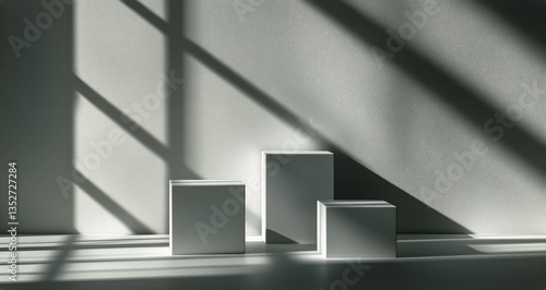 Three Geometric Blocks Casting Shadows in a Minimalist Room With Soft Light