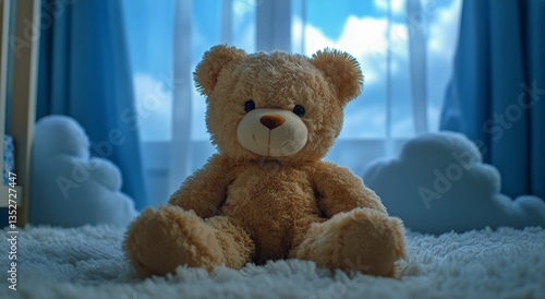 Soft Teddy Bear Sits on Plush Carpet in Brightly Lit Nursery With Large Windows