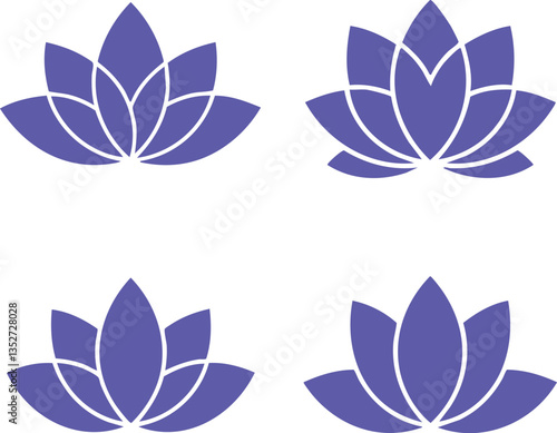 Purple lotus flower icon set in flat minimalist style
