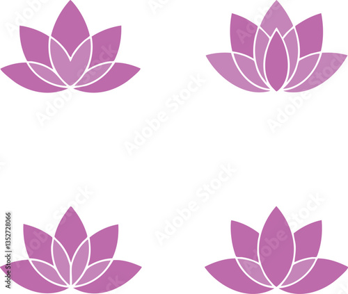 Set of pink lotus flower icons with soft outline and flat gradient style