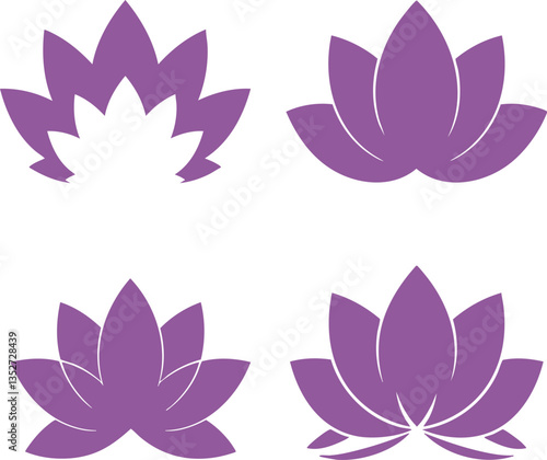 Set of solid purple lotus flower icons for wellness and branding