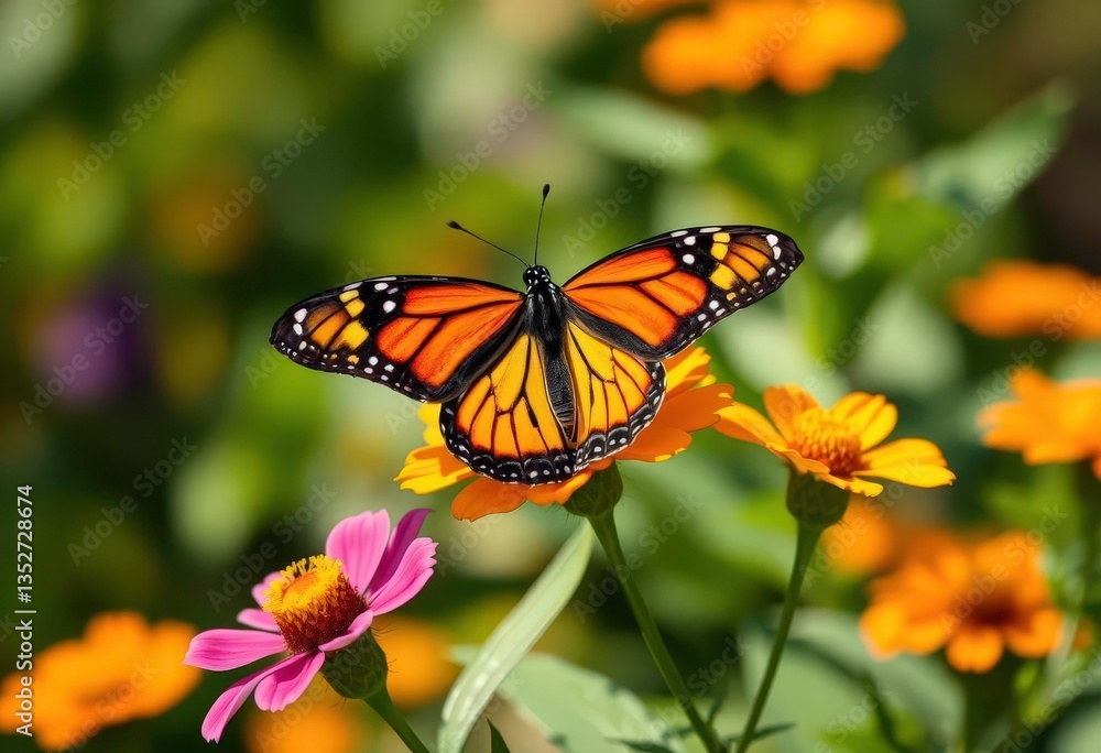Fototapeta premium Vibrant monarch butterfly delicately perched on a bright bloom, flower, stem