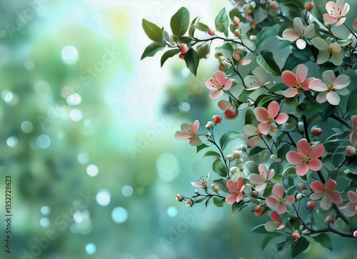 Blossoming Flowers Frame a Serene Green Background in Springtime Nature Lands...