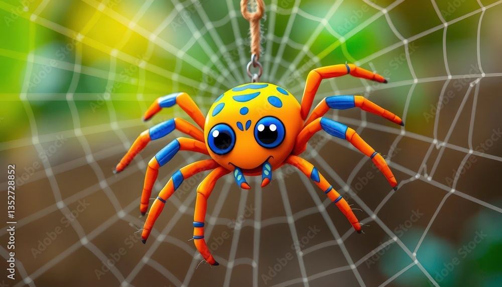 Fototapeta premium Vibrant orange & blue cartoon spider hangs on intricately woven web, eight-legged, digital
