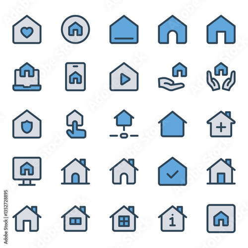 Filled blue outline icons set for Home, homepage, webpage, page, web.