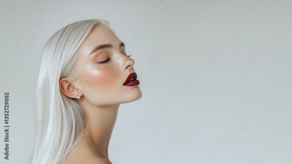 Obraz premium Profilansicht einer Frau mit weißblonden Haaren und dunklem Lippenstift vor hellem Hintergrund