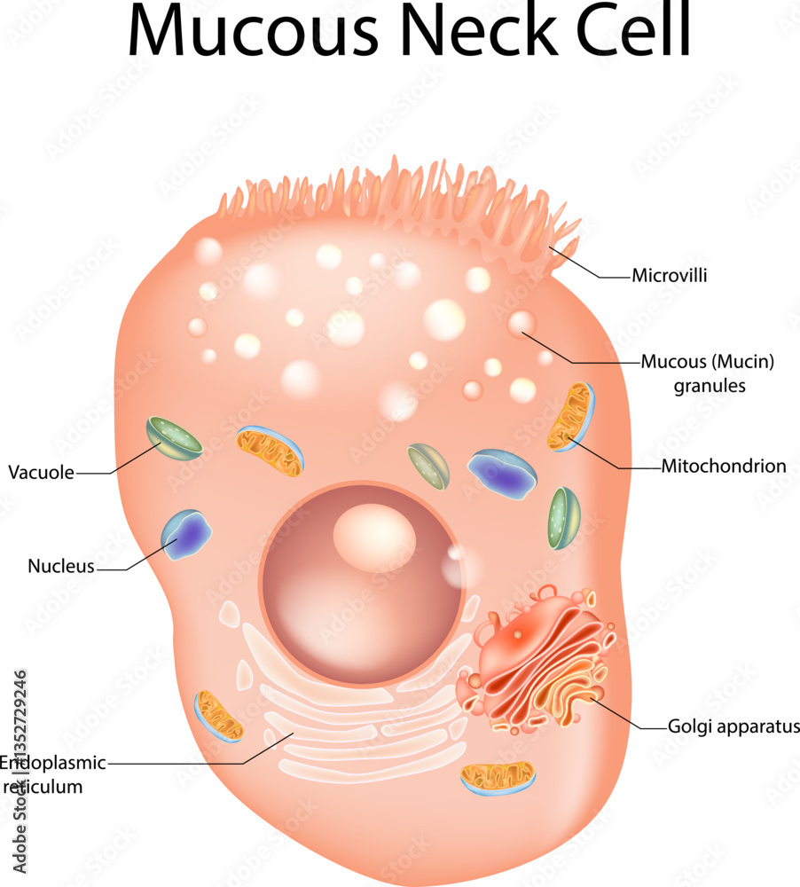 Fototapeta premium Mucous Neck Cell Structure Vector Illustration with Labeled Organelles. Human Mucous Cell Anatomy Diagram. 