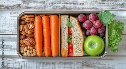 Healthy Lunchbox With Fresh Vegetables, Fruits, and a Sandwich Arranged in a ...