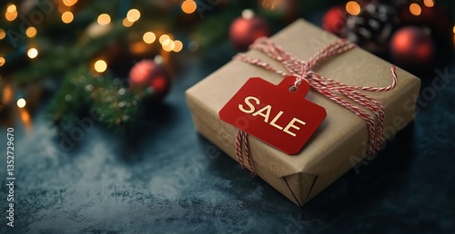 Holiday Gift Package With Sale Tag and Festive Decorations on Display for the...