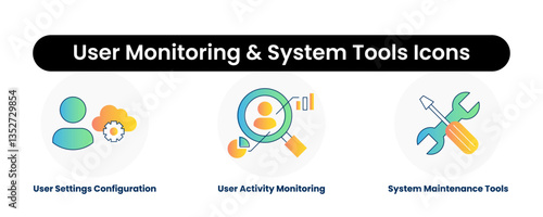 User Monitoring & System Tools Icons. User Settings Configuration, System Maintenance Tools, User Activity Monitoring.
