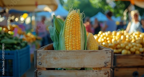 Fresh Corn Displayed at a Lively Farmers Market in the Summer Afternoon