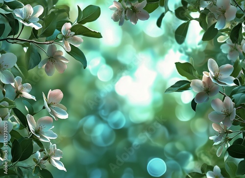 Blossoming Flowers Frame a Serene Green Background in Springtime Nature Lands...