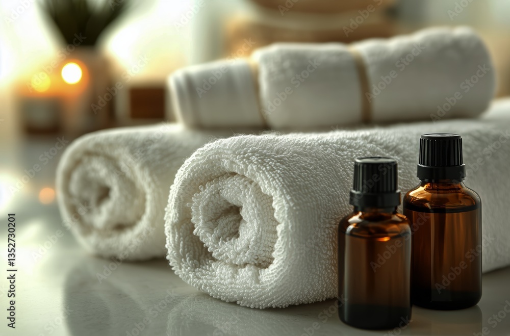 Relaxing Spa Setup With Essential Oils and Towels in a Calming Atmosphere Relaxing Spa Setup With Essential Oils and Towels in a Calming Atmosphere