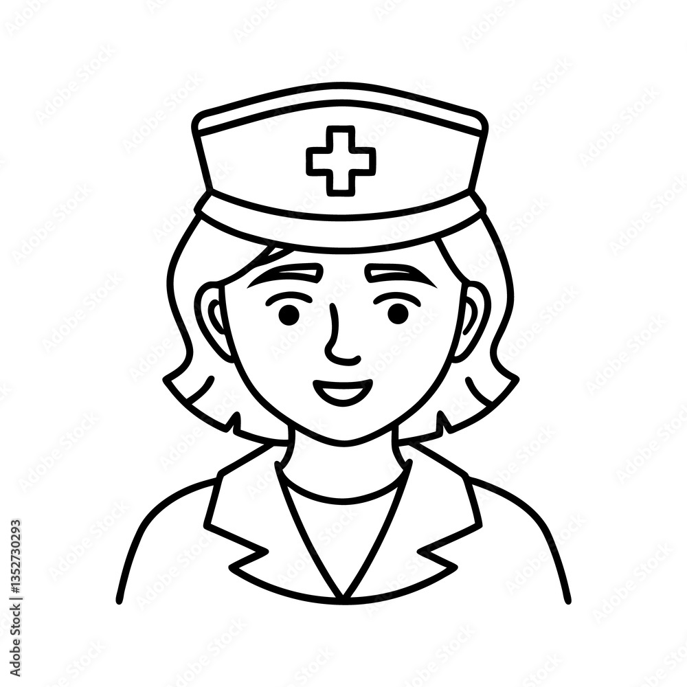 Line Art of Nurse in Uniform with Cross Cap – Symbol of Healthcare and Nursing Care, Nurse Line Icon, Healthcare Worker Symbol, Nursing Care Vector
