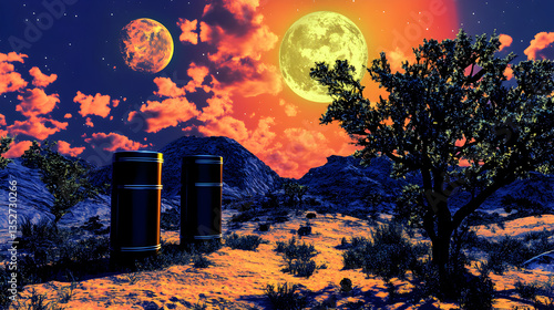 Surreal alien planet with glowing moons, strange trees, and industrial elements