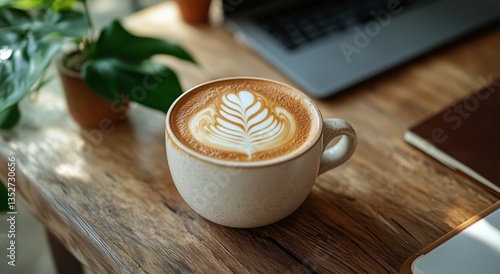 Latte Art on Coffee Enhances Cozy Workspace Aesthetics in a Warm Setting